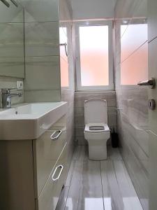 uma casa de banho com um WC, um lavatório e uma janela em Quiet Apartment near Tirana Lake em Tirana