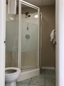 ein Bad mit einer Dusche und einem WC in der Unterkunft Motel Moreau in Saint-Félicien