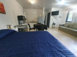 une chambre avec un lit bleu et un salon dans l'établissement La Mary, à Mendoza