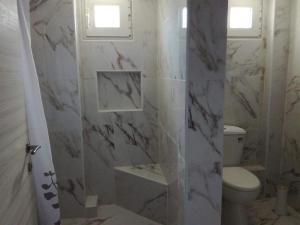 a bathroom with a toilet and a glass shower door at Villa Casagrande in Kriopigi