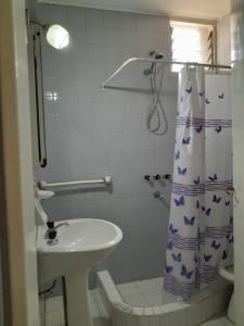 baño con lavabo y cortina de ducha en Departamento en el centro de Mendoza en Mendoza