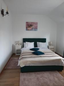 a bedroom with a large bed with a green headboard at Casuta din Gradina in Horezu