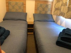 dos camas sentadas una al lado de la otra en un dormitorio en Classy caravan with ample space, en Bembridge