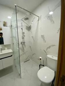 uma casa de banho com um WC e uma cabina de duche em vidro. em Geil Wohnung in Agadir Zentrum Haut founty em Agadir