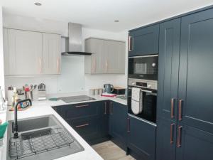 a kitchen with blue cabinets and a sink at Dart Retreat in Totnes