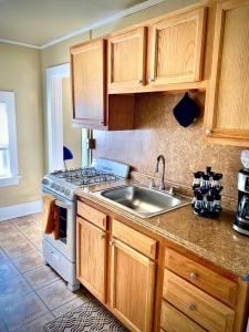 una cocina con fregadero y estufa en Artist retreat near all Rochester sites, en Rochester
