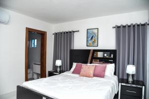 1 dormitorio con 1 cama blanca grande con almohadas rosas en Torre Real VI, en Santiago de los Caballeros