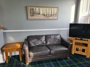 a leather couch in a living room with a television at The Wild Cat - Uk31598 in Avoch