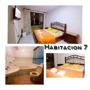two pictures of a room with two beds and a bathroom at Safety and Comfort in Santa Cruz de la Sierra