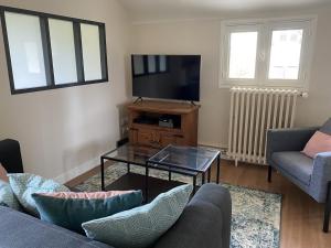 TV a/nebo společenská místnost v ubytování Charmant T3 avec jardin privé, proche des Thermes, bien équipé, parking inclus - FR-1-541-97
