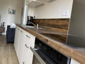 kuchnia z blatem i kuchenką w obiekcie Magnifique T3 au centre, jardin privatif, proche thermes, wifi, parking, jeux extérieurs, lave-linge/sèche-linge - FR-1-541-94 w mieście La Roche-Posay