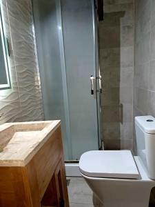 a bathroom with a shower and a toilet and a sink at La Marta in Ciudad Lujan de Cuyo