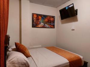 um quarto com uma cama e uma televisão na parede em Hospedaje Los Lirios Chitré em Chitré