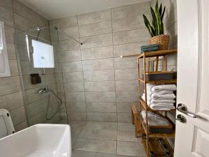 a bathroom with a shower and a tub and a sink at Peaceful 2 bedroom Flat in Engomi
