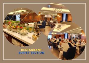 um restaurante com pessoas sentadas em mesas e uma secção de buffet de restaurante em AL HAYAT HOTEL em Sharjah