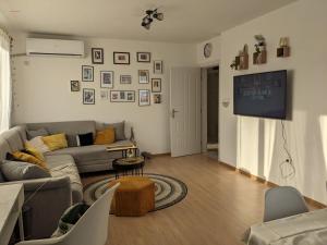 ein Wohnzimmer mit einem Sofa und einem Flachbild-TV in der Unterkunft Cozy Peacefull Apartment with amazing view in Stara Sagora