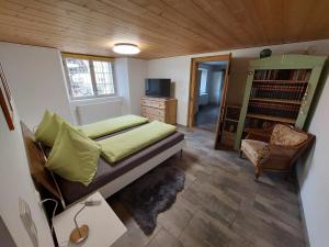 1 dormitorio con 1 cama y 1 silla en una habitación en Alte Mühle, en Röthis