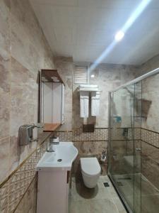 y baño con aseo, lavabo y ducha. en Lemon Residence, en Estambul