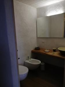 a bathroom with a sink and a toilet and a mirror at Agriturismo Pian Di Meta Vecchia in Castiglione dʼOrcia