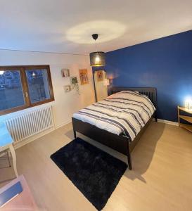 una camera con letto e parete blu di Appartement Très Cosy à 5 min Aéroport Genève a Ferney-Voltaire
