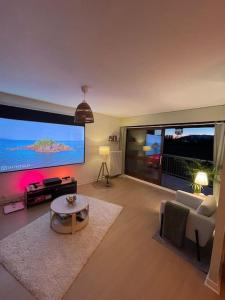 een woonkamer met een grote flatscreen-tv bij Appartement Très Cosy à 5 min Aéroport Genève in Ferney-Voltaire