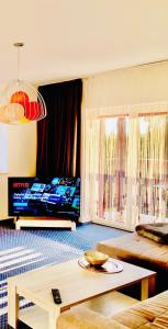 a living room with a couch and a tv at Słupsk forest PREMIUM HOTEL BUSINESS APARTAMENT M7 - Kaszubska street 18 - Wifi Netflix Smart TV50 - two bedrooms two extra large double beds - up to 6 people full - pleasure quality stay in Słupsk