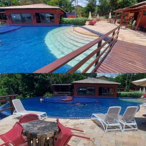 two pictures of a swimming pool with chairs and a table at Vários Apartamentos no villas maceio in Maceió