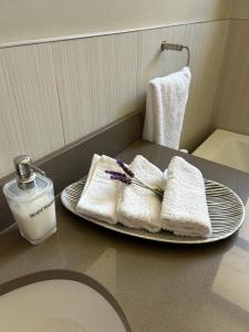 a bathroom with two towels and a bottle of soap at House Vos in Hermanus