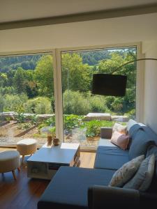 a living room with a blue couch and a large window at Neue Wohnung an Stadtrand mit Parkplatz in Luzern