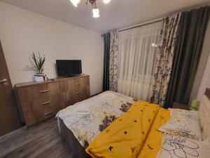 a bedroom with a bed and a dresser and a television at Subcetate Residence in Bistriţa