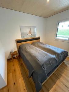 um quarto com uma cama grande num quarto com uma janela em Apartment Relax - Stubenbergsee em Stubenberg