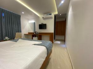 贝尔高姆The Urban Hive Hotel的配有床和电视的酒店房间