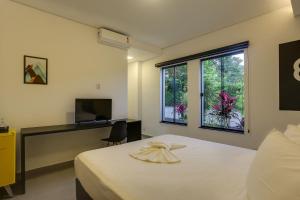 Schlafzimmer mit einem Bett, einem TV und einem Fenster in der Unterkunft Hotel Flores de Holambra in Holambra