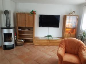 sala de estar con chimenea y TV de pantalla plana en Ferienwohnung Sprauer, en Baiersbronn