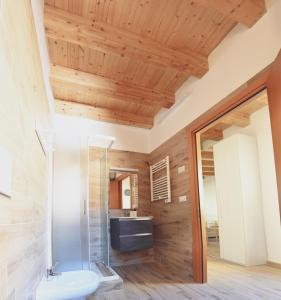 a bathroom with a shower and a toilet and a sink at Bull House in SantʼAgata Bolognese