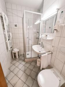 La salle de bains est pourvue d'un lavabo, de toilettes et d'une douche. dans l'établissement Zentral Hotel, à Bad Füssing