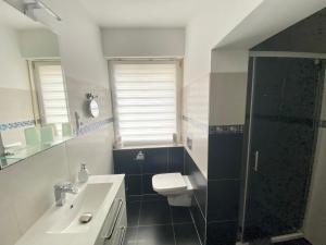 a bathroom with a toilet and a sink and a shower at Haus Sonnentag in Bad Bertrich +6 photos