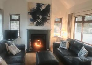 sala de estar con sofá y chimenea en Wild Atlantic Lodge, en Dunfanaghy