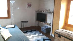 a living room with a couch and a television at Chaleureuse petite maison avec jardin in Gagnac-sur-Cère