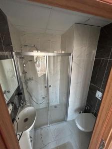 a bathroom with a shower and a toilet and a sink at Wunderschönes Apartment mit Blick aufs GoldeneHorn in Istanbul