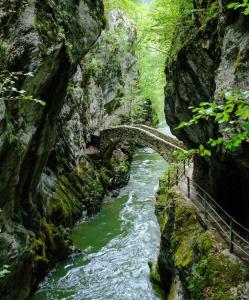 a stone bridge over a river in a canyon at Appartement Wonder in Couvet