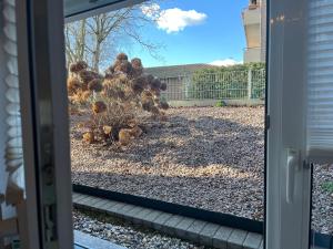 una puerta corredera de cristal con vistas a un patio en Nette Ferienwohnung nahe Düsseldorf, en Kaarst