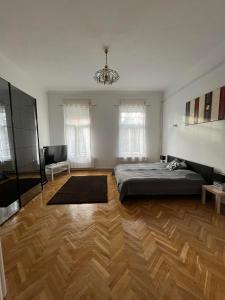 a bedroom with a bed and a chandelier at Szeged Apartman in Szeged