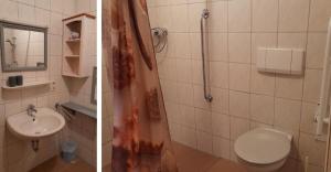 two pictures of a bathroom with a toilet and a sink at Moierhof in Treffelstein +22 photos