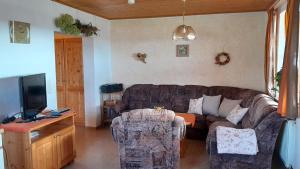 a living room with a couch and a tv at Moierhof in Treffelstein
