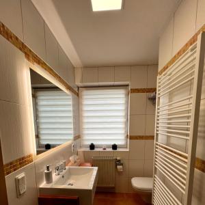 a bathroom with a sink and a toilet and a window at Ferienwohnung Bautzen Süd in Bautzen