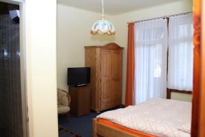 a bedroom with a bed and a tv and a window at Gasthof Edelweiss in Semmering