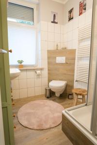 a bathroom with a white toilet and a sink at "Ferienwohnung am Schloss" - Ferienwohnung mit Blick auf das Barbyer Schloss, 5 Gehminuten bis zur Elbe in Barby