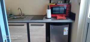 uma pequena cozinha com um micro-ondas e um frigorífico em LA PLANTATION em Saint-André