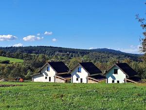a row of white houses in a field with trees at Domki w Nowicy in Nowica